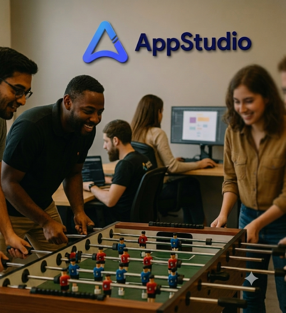 The AppStudio team enjoying a game of foosball in the office