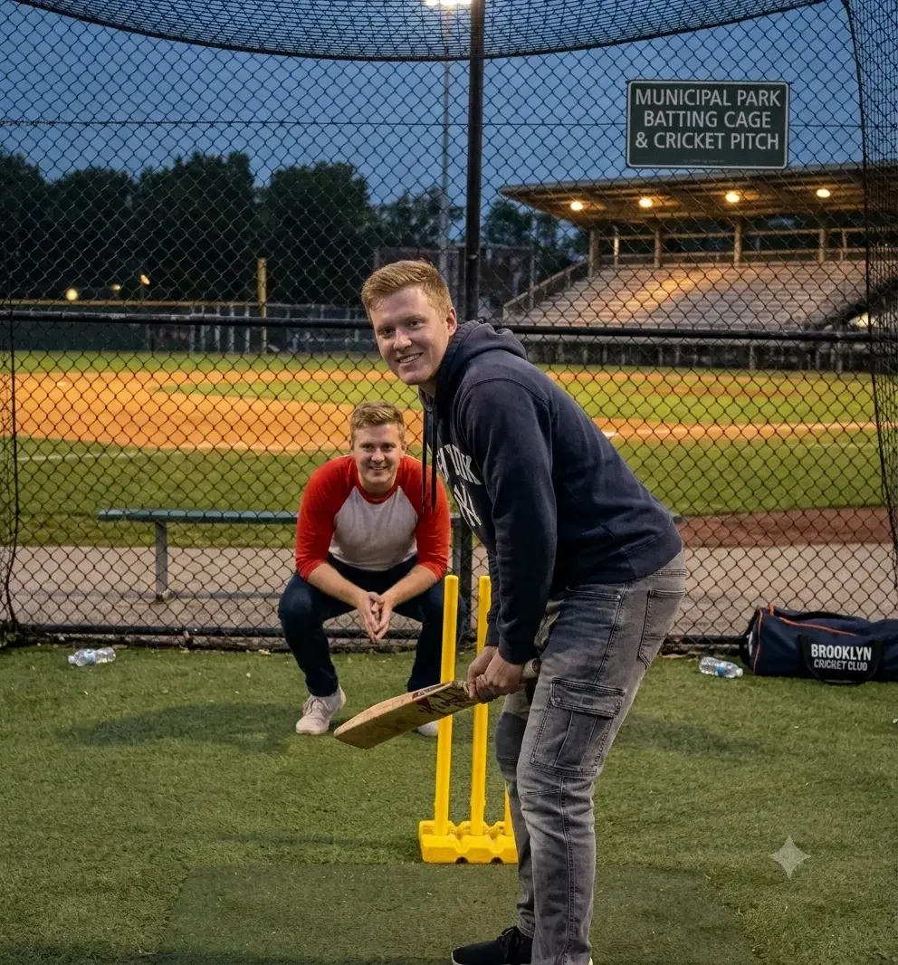 Zazz employees playing cricket at a local batting cage