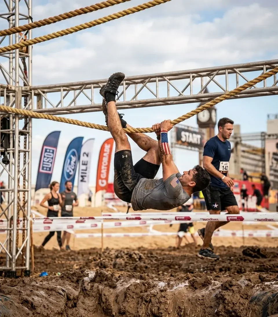 A Zazz employee climbing the rope obstacle at a mud run