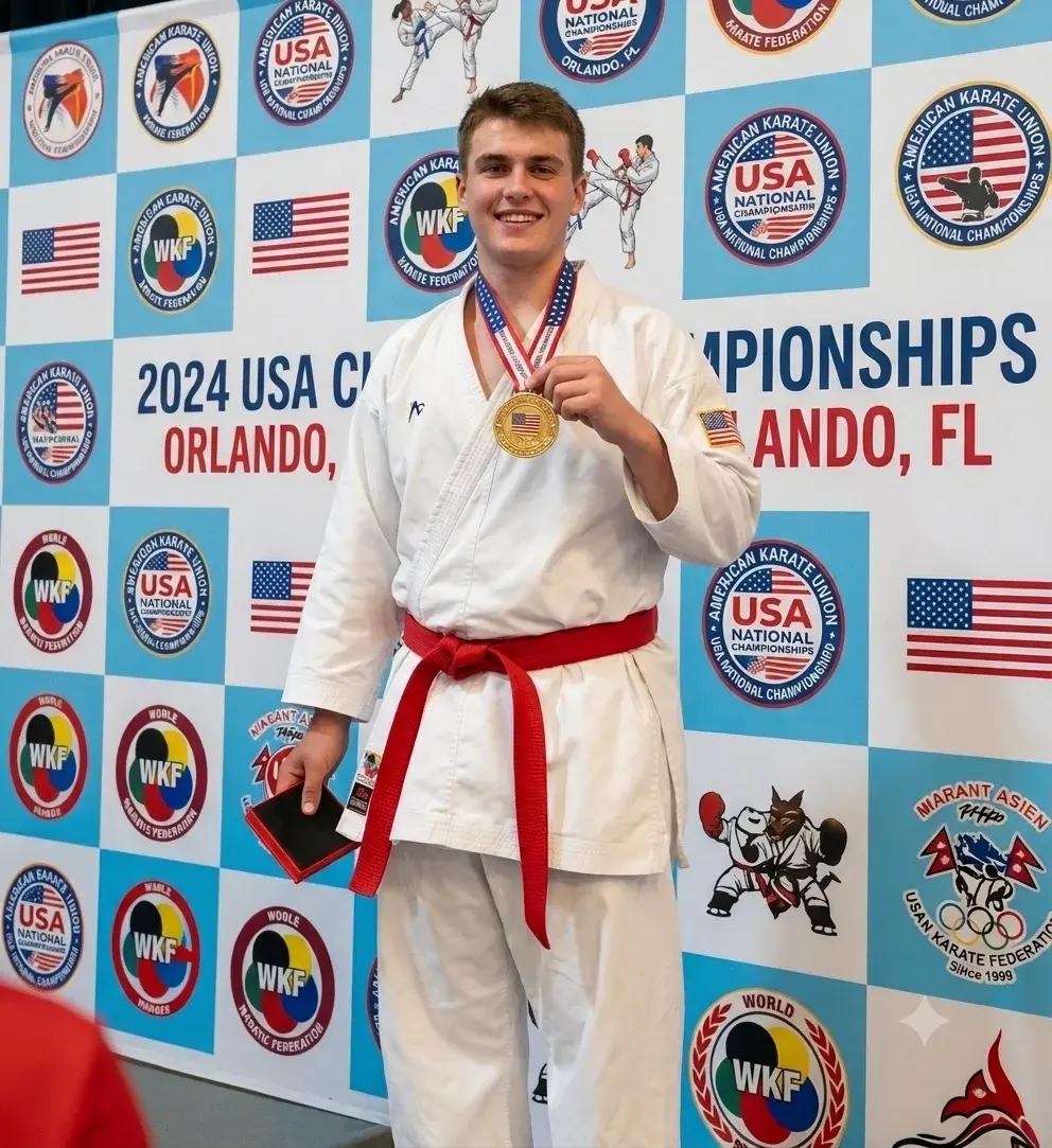 A Zazz employee with a gold medal at the 2024 USA Karate Championships in Orlando