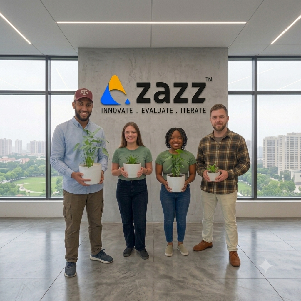 Zazz employees holding potted plants for Environment Day