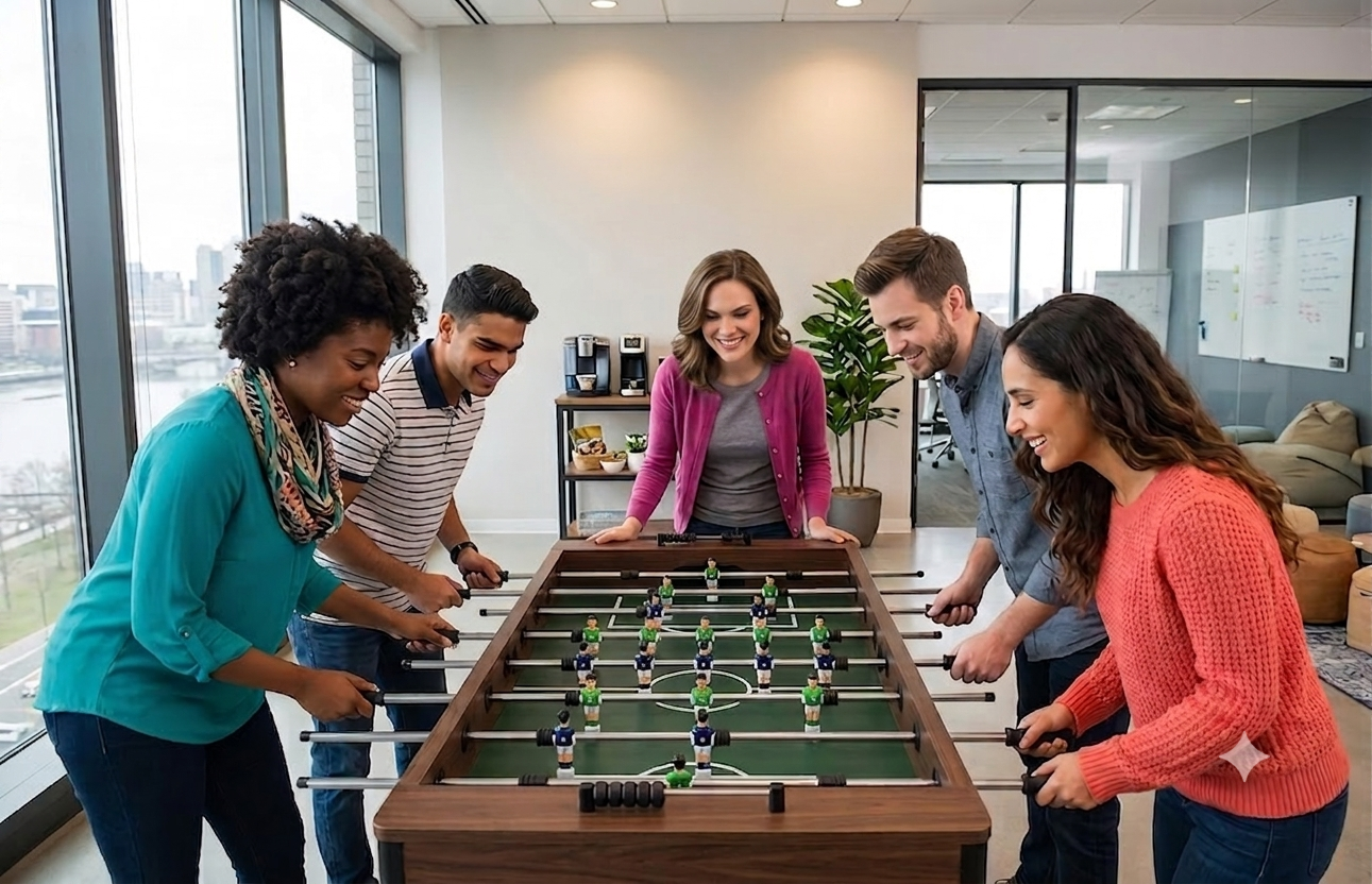 Zazz colleagues playing table football in the office