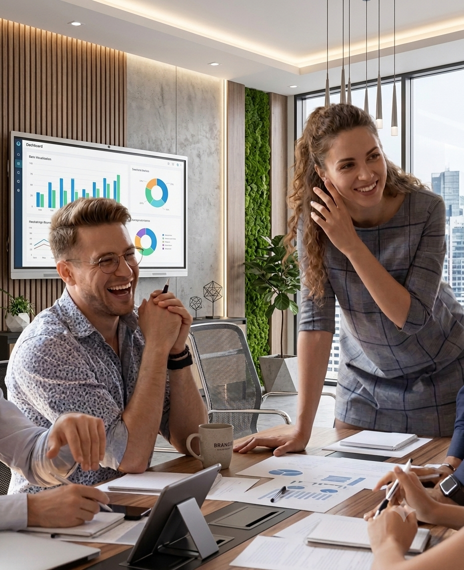 Zazz team laughing during a meeting beside a dashboard display