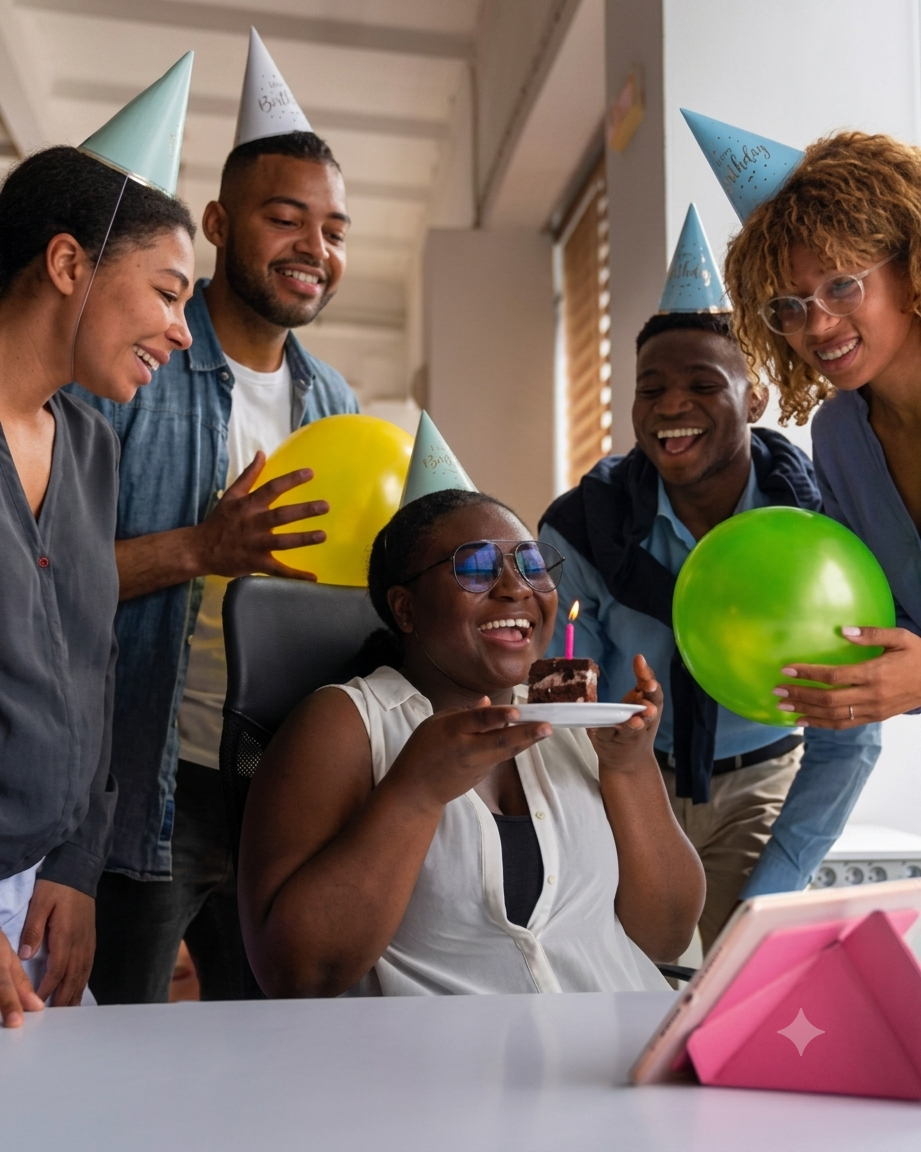 Zazz colleagues in party hats celebrating a birthday with cake and balloons