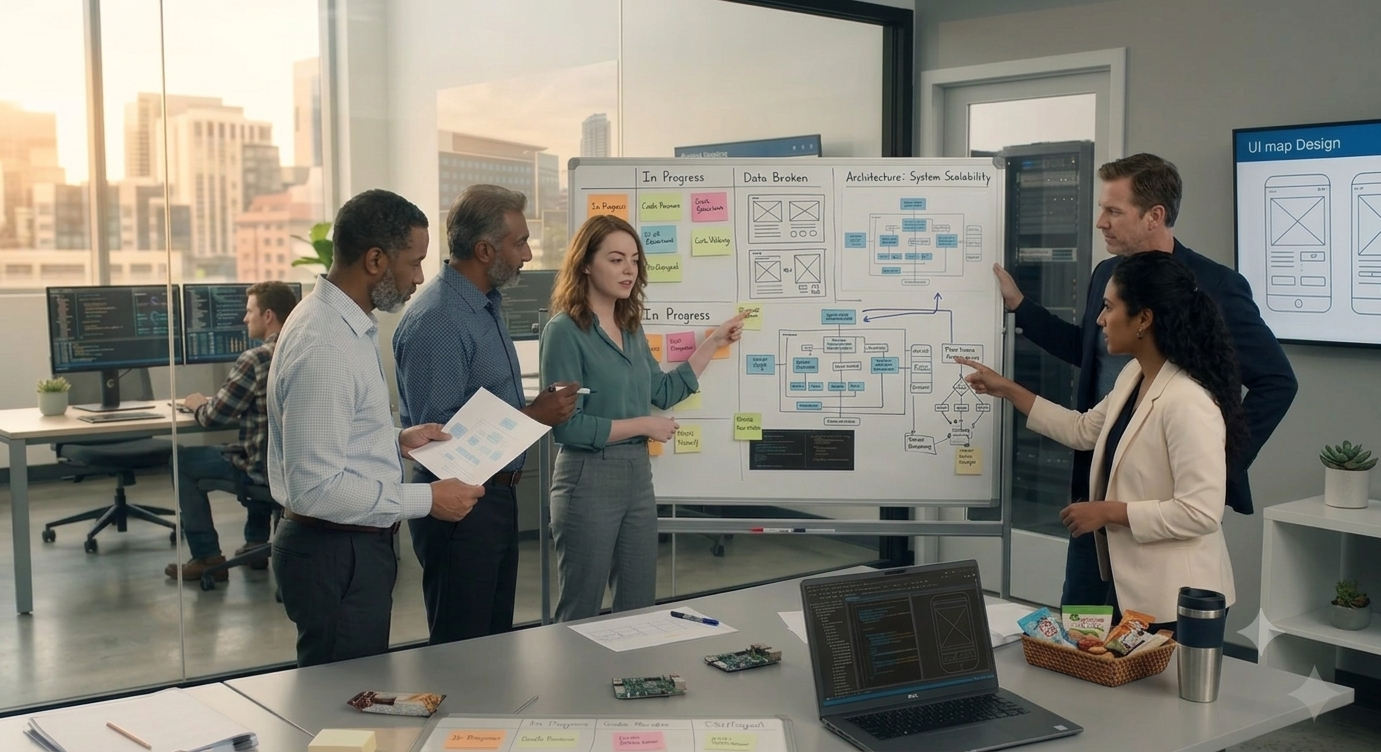 Zazz colleagues reviewing project plans together in the office