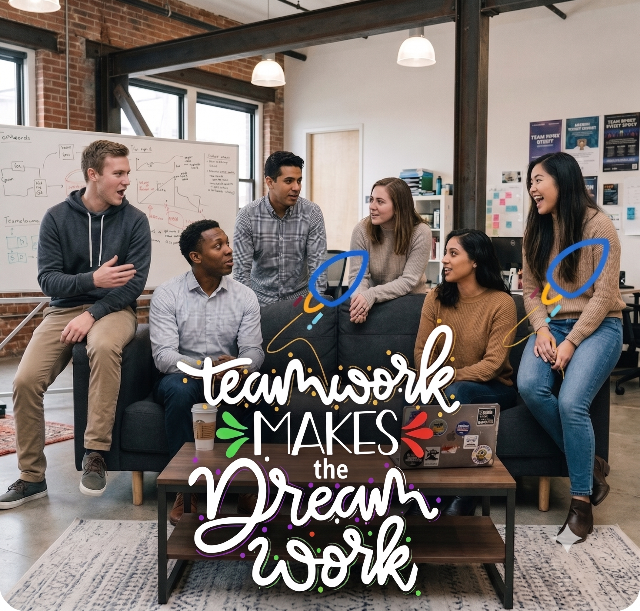 Zazz team on the office sofa under a teamwork makes the dream work mural