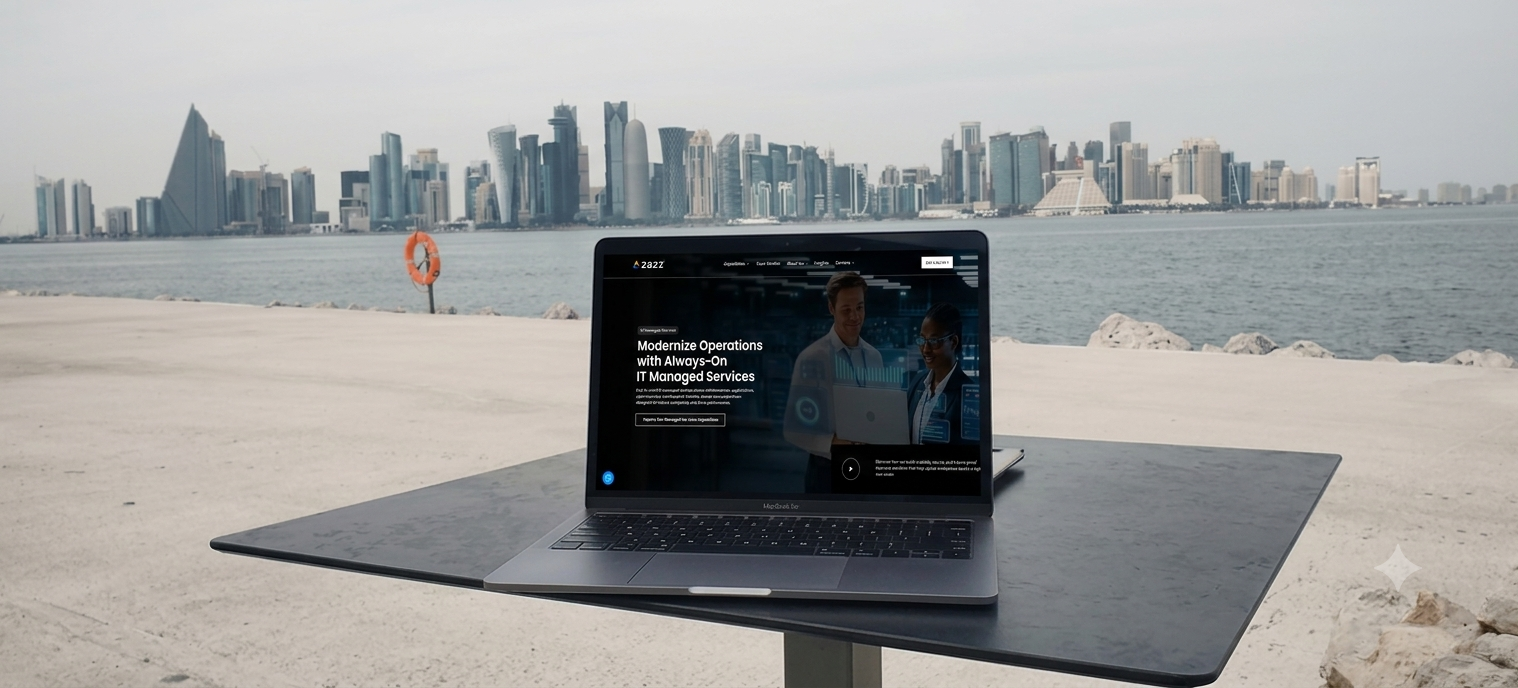Laptop showing the Zazz IT managed services page on a waterfront table with the Doha skyline behind