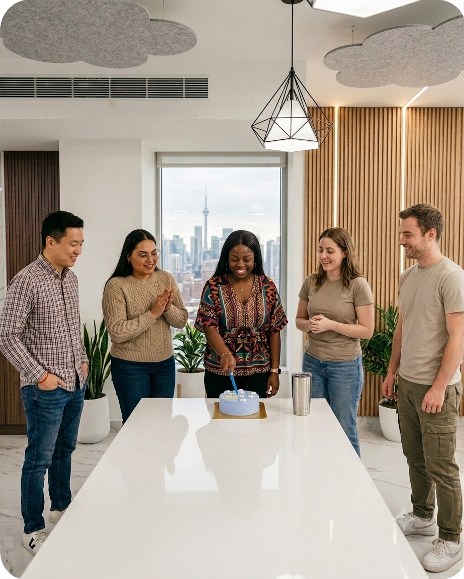 Zazz colleagues cutting a celebration cake in the Toronto office
