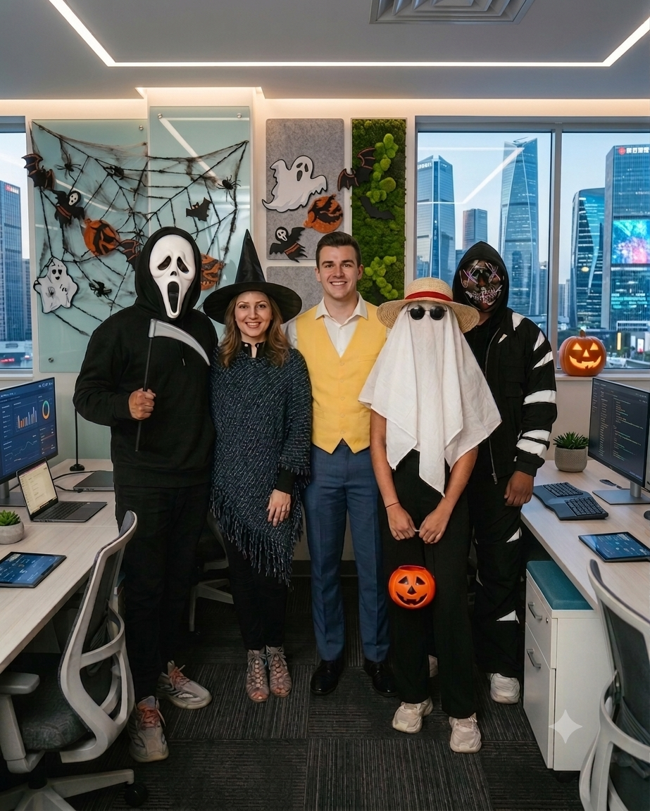 Zazz employees in Halloween costumes at the decorated office