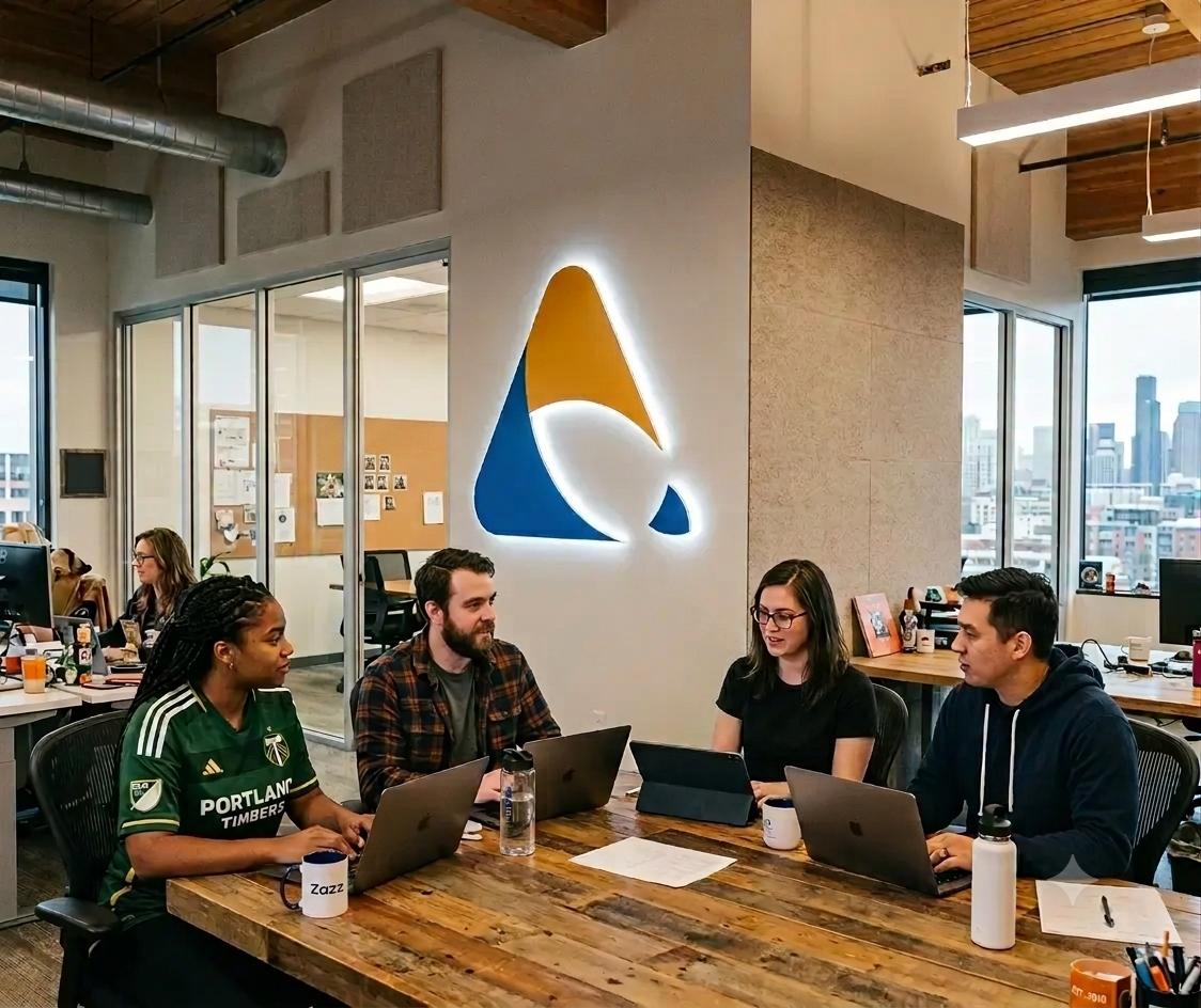 Zazz team working together at a shared desk beneath the office logo
