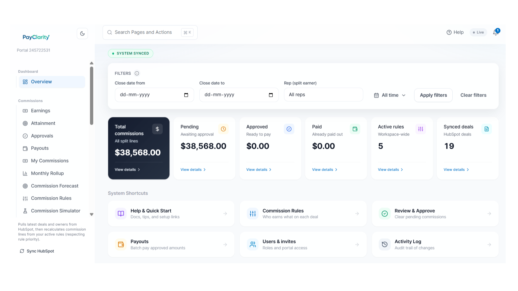 PayClarity dashboard showing automated commission tracking, approvals, and payouts from HubSpot deals