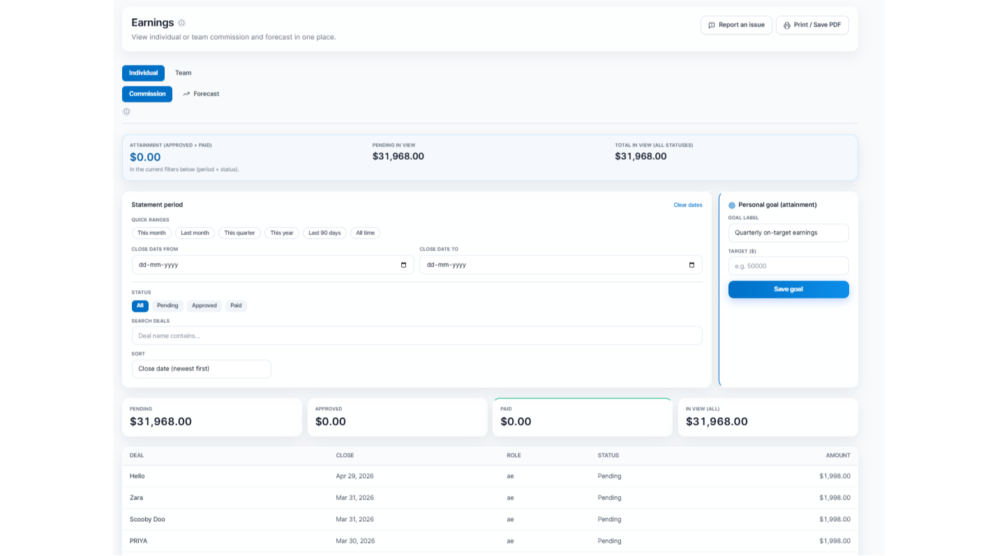 Sales commission dashboard showing real time earnings, forecast, and payout status for individual reps