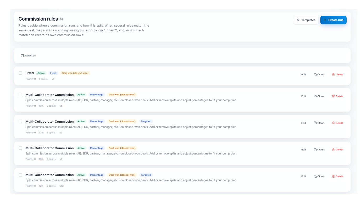 Commission rules engine showing multi rep splits, rule priority, and automated payout logic configuration
