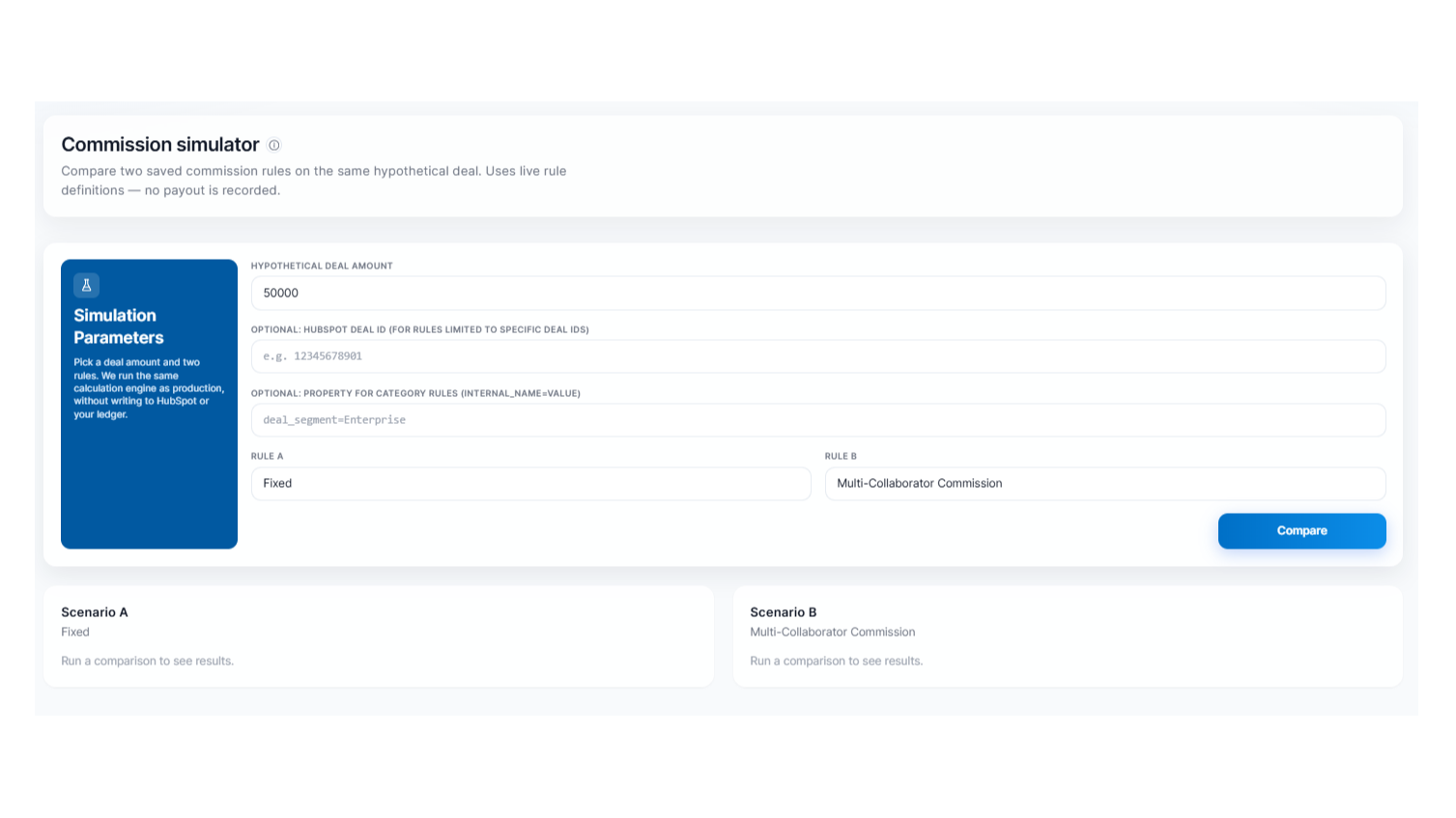 Commission simulator showing scenario comparison, deal inputs, and payout outcomes across different rules