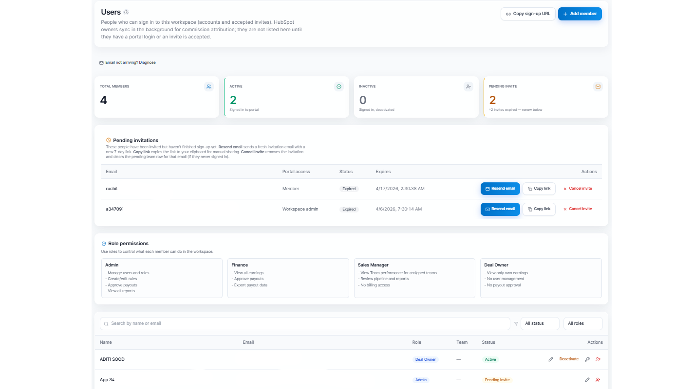 User management dashboard showing role based access, team permissions, and member invitations for commission platform